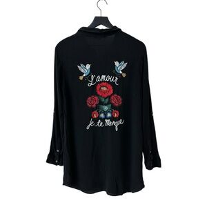 Miss Me Black Floral Embroidered Button Up